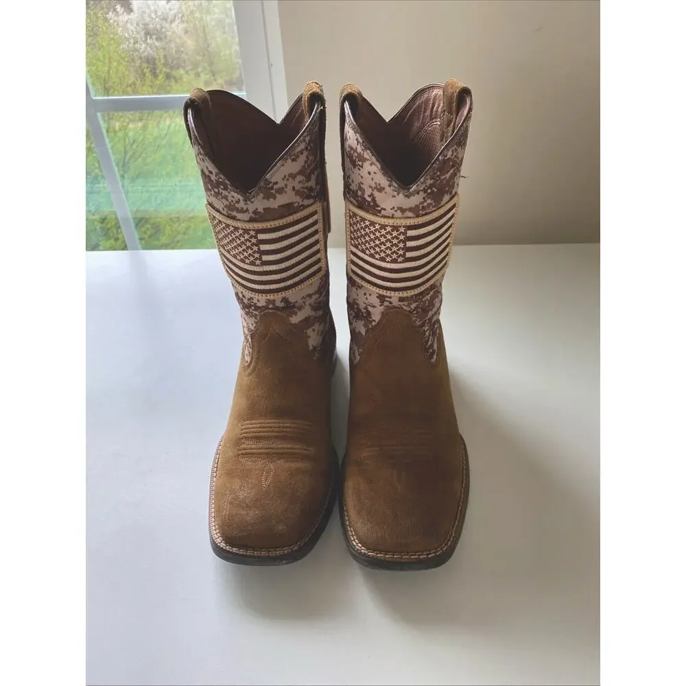 Ariat Men's Sport Patriot Mocha Suede & Sand Camo American Flag Western Boots 8D